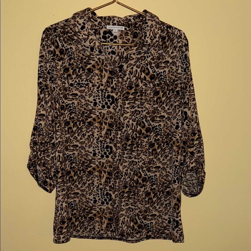 Notations Brown Animal Print Blouse